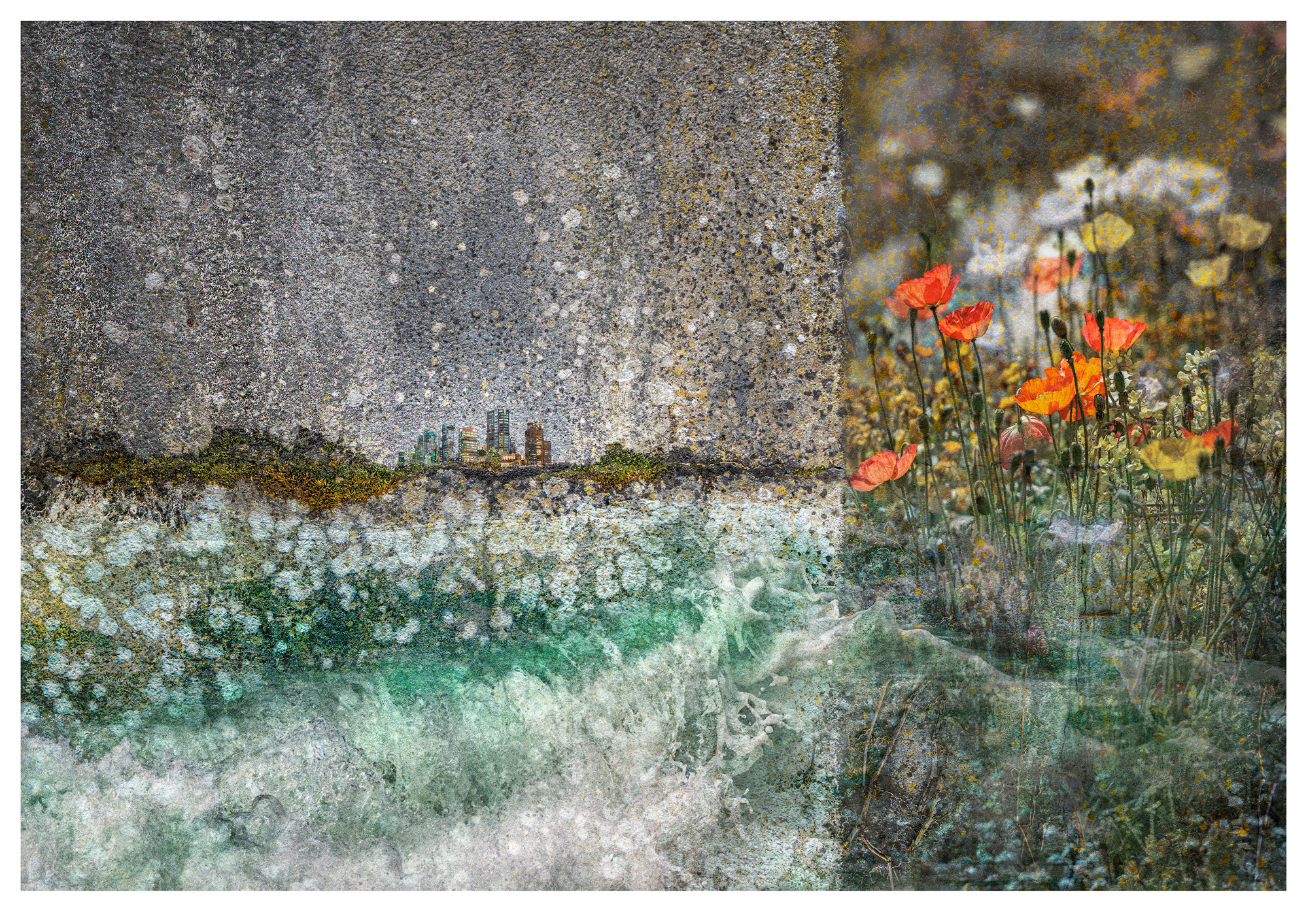 Composite photograph of weathered wall part painted blue, bottom right black and dirty.A building site with cranes, two deer sky and a fingerprint have been added to create an urban landscape image to criticise human involvment